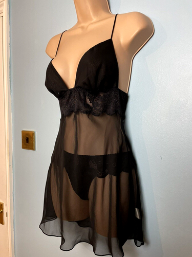 F7 LA SENZA ULTRA SHEER BLACK CHIFFON LACE BABYDOLL CAMI THONG SET M 10/12/14 - Picture 3 of 12