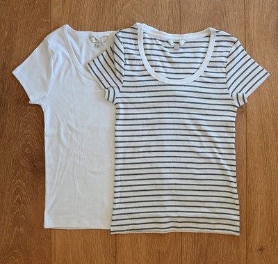 Ex Marks & Spencers Twin Pack of Scoop Neck Rib T Shirts White & Stripe Size 10