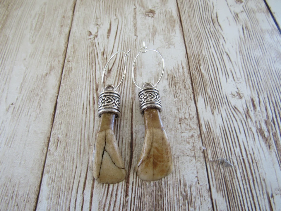 Buffalo Teeth/Tooth Earrings Animal Bone Spirit Animal Hoops E733 - Image 4 of 4