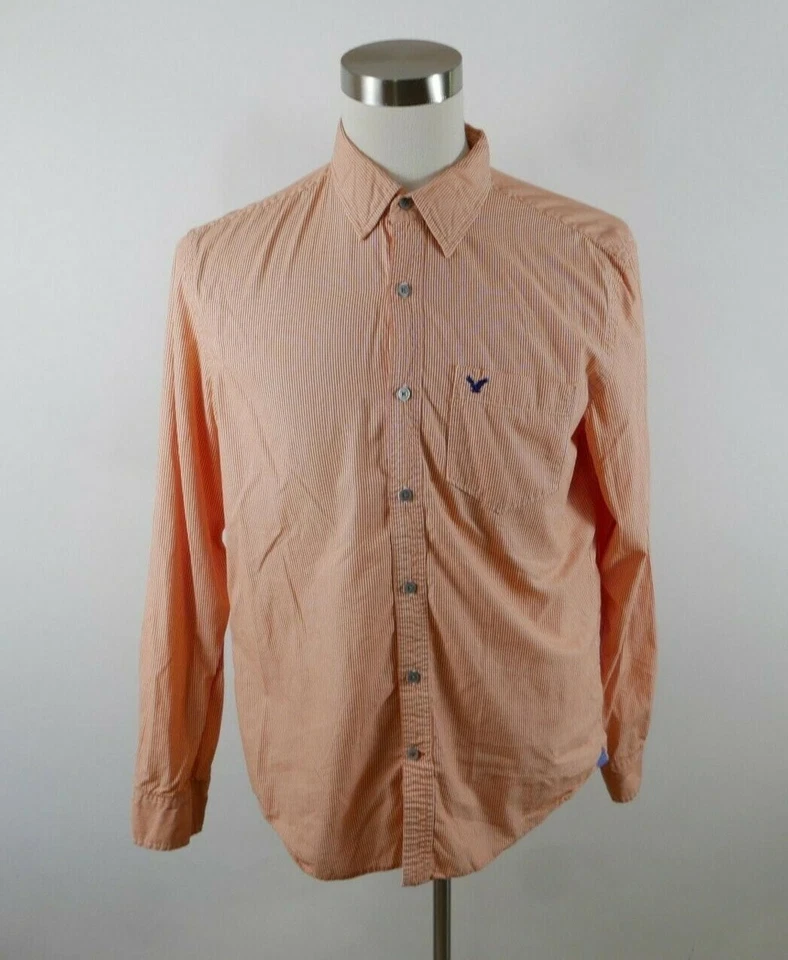 Camisa de vestir grande a rayas naranja con botones calce atlético American Eagle para hombre Foto 2 de 4