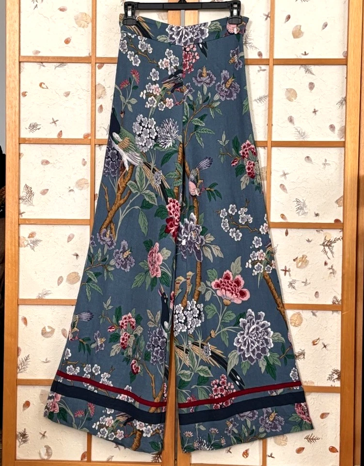 Pantalones GP&J Baker H&M Pierna Ancha Floral Pájaro Ligero Viscosa Crepé Talla 4 Foto 3 de 4