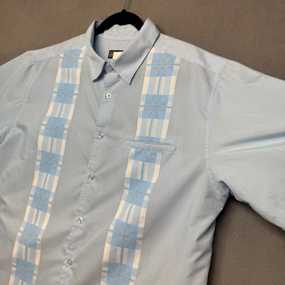 Vtg Haband Button Up Shirt Guayabera Plaid Panel Short Sleeve L Blue Retro - Image 4 of 4