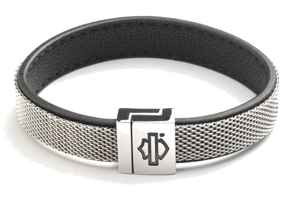 Harley-Davidson Men's 9 in. Bar & Shield Metal Mesh & Leather Cuff Bracelet 9in