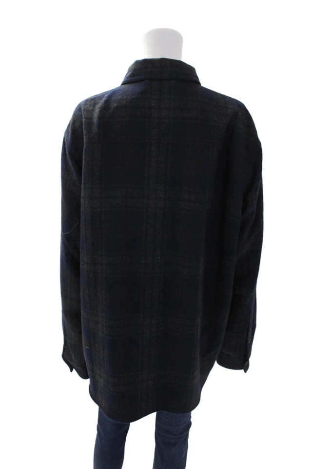 Sperry Womens Wool Blend Plaid Collar Button Front Jacket Navy Brown Size XL - Image 3 of 4