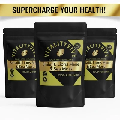 VITALITY VIVE Shilajit Lions Mane and Sea Moss Caps STRONGEST Not Resin 1400 mg Vegan Best UK