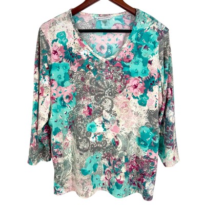 Allison Daley Sz Large Pink Blue Floral Tropical Blouse Shirt Top Artsy Summer
