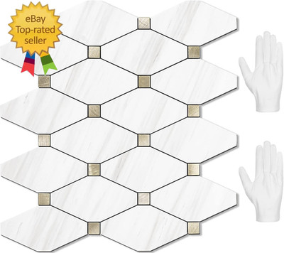 10 Sheets Peel and Stick Dolomite Mosaic Tile, White Marble Look PVC Mixed Metal