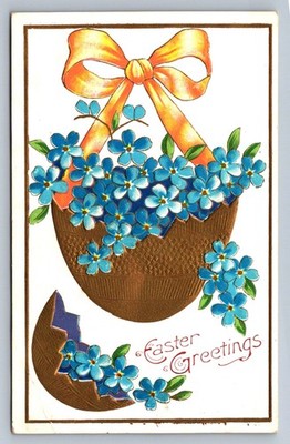 Postcard Easter Greetings Gold Egg Shell W/Forget-Me-Not Flowers Unposted   Q331