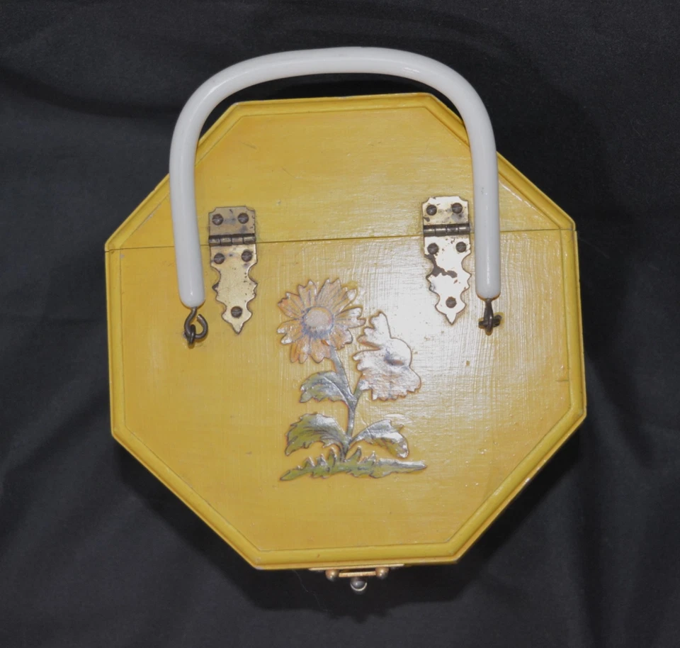 Vintage Wooden Decoupage Octagonal Dandelion Box Purse Carryall Bag handbag - Image 3 of 4