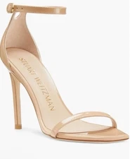 Stuart Weitzman Nudist Curve Nude Patent Leather Stilleto Sandals Womens 9.5 NEW