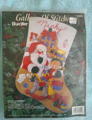 Vtg BUCILLA Gallery of Stitches Santa's Workshop 15'' Stocking Kit NEW 33255