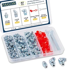 82PCS 1/4"-28 SAE Grease Fittings Zerk Nipples Kit w/ Caps Wrench Angled