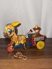 Vintage #166 Fisher Price 50's Bucky Burro Donkey Cart Pull Toy Works