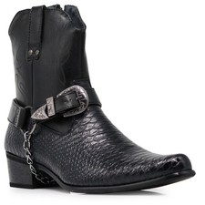 Botas al tobillo de motociclista de vaquero occidental negras estampadas de pitón sintético con cadenas JPN para hombre