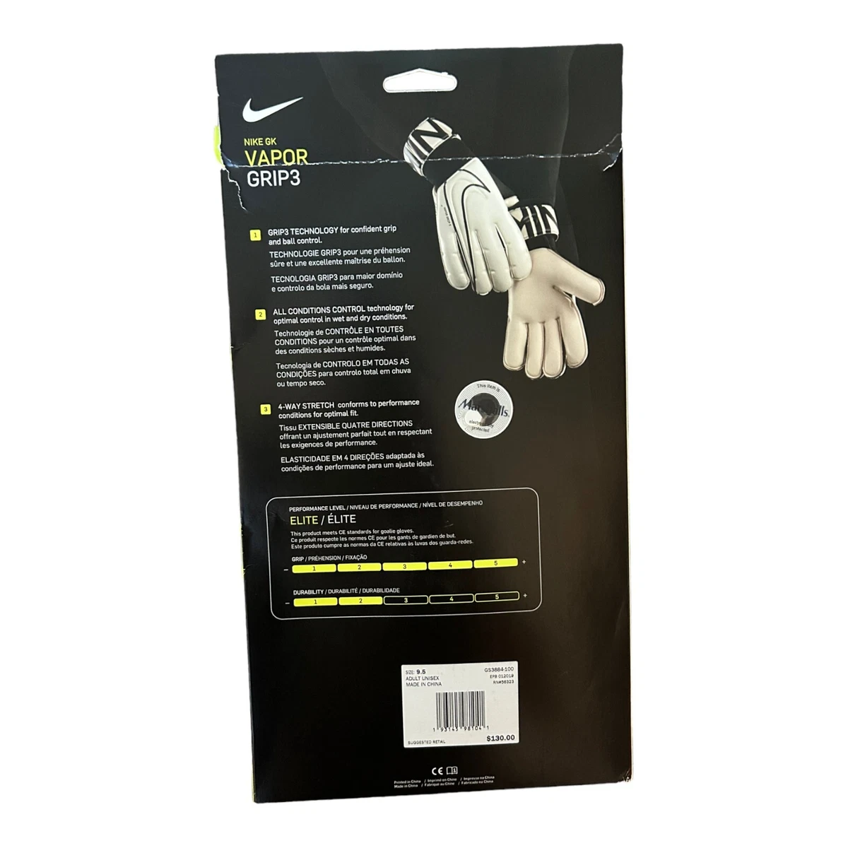 NIKE GK VAPOR GRIP 3 PRO SOCCER GOALKEEPER GLOVES GS3884 100 MSRP 130 Size 9