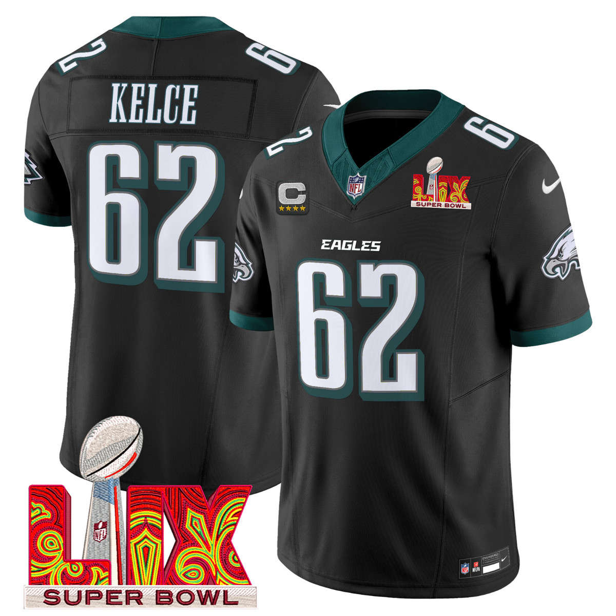 Men's Jason Kelce Black Super Bowl LIX 4-Star C Patch Vapor