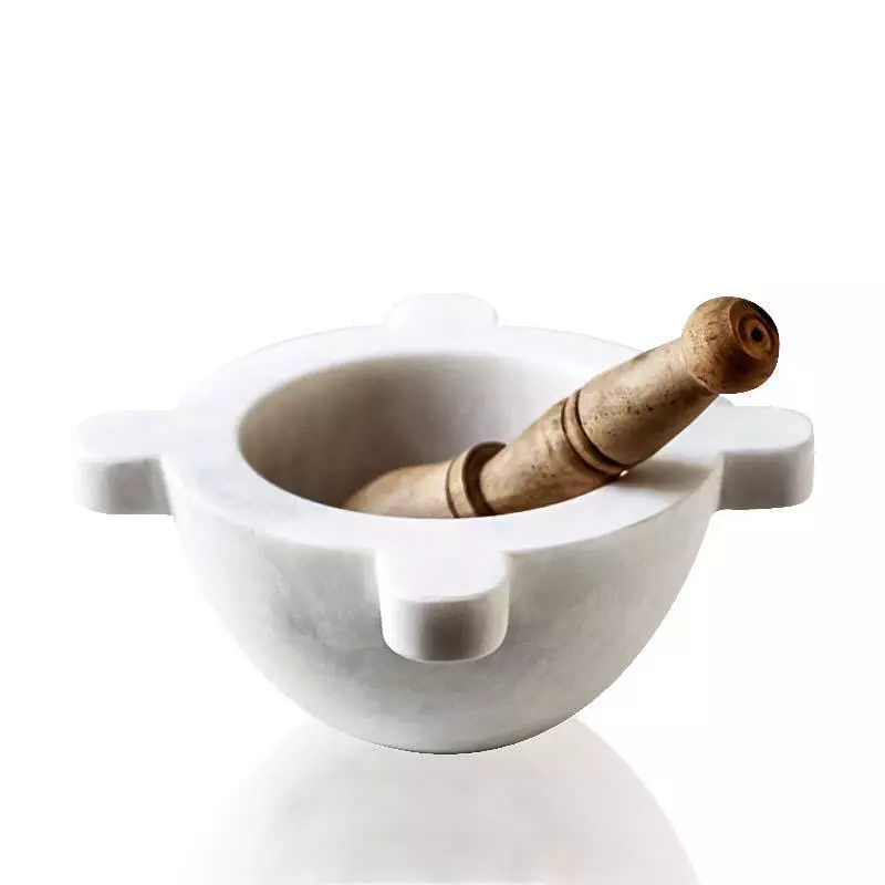 White Marble Kitchen Mortar And Wooden Pestle 7Cm