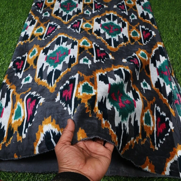 Vestido indio de tela de terciopelo suave estampado Ikat costura tapicería terciopelo por año Foto 3 de 4