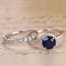 Round Cut Sapphire  Lab Created Diamond Wedding 14Ct White Gold Finish Ring Set