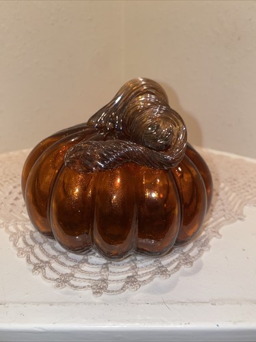 Bronze Handblown Art Glass Pumpkin Glitter Stem Elegant 5.5” W X 4.5” H No Flaws - Picture 3 of 9