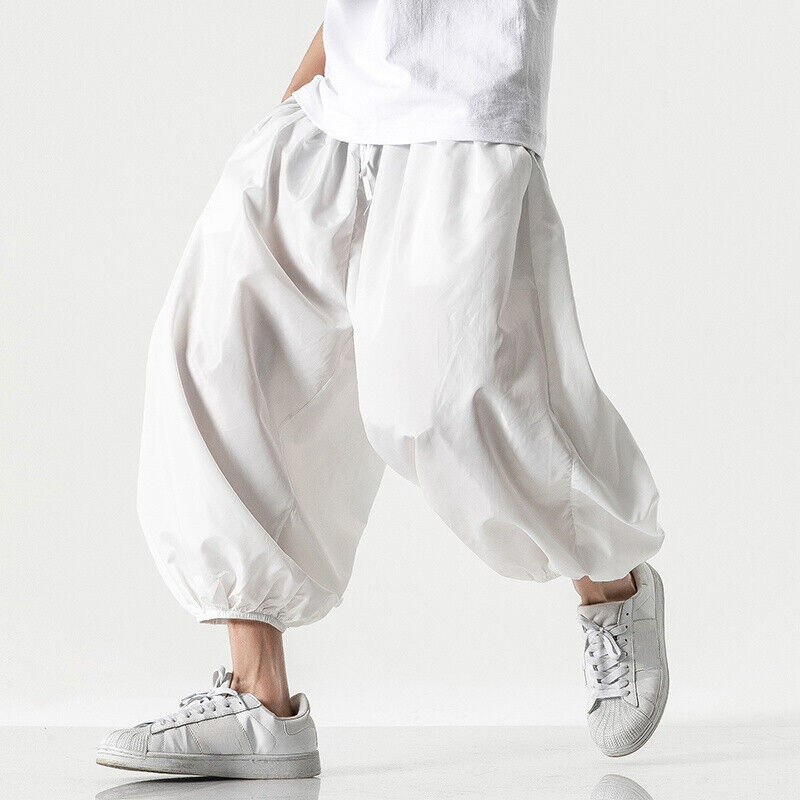 Men Baggy Pants Trousers Elastic Leg Cuff Drawstring Oversize Loose Casual  Pants