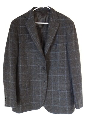 Byron British Style charcoal blue box windowpane plaid slim blazer jacket 44R