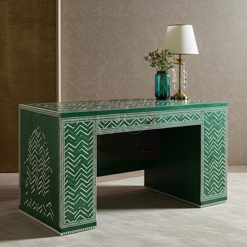 Bone Inlay Desk Table Chevron Inlay | Luxury Desk | Green Living Room Furniture