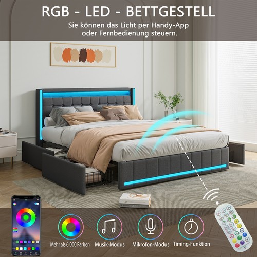 Polsterbett 140x200cm Matratze Doppelbett Bettgestell mit 4 Schubladen LED&USB - Bild 5 von 12