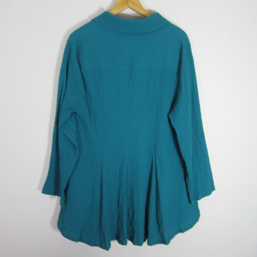 Kiyo Womens Medium Teal Blue Green LS Crinkle Hi Low Tunic Top Lagenlook Relaxed - Picture 2 of 10