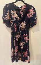 Rebecca Taylor 100% Silk Spring Blossom A-Line Dress Sz 6 Navy V-Neck Florals
