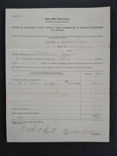 Maine: Carta Bowdoinham 1917 de la oficina de correos de DC enviando dinero, firmada por PM