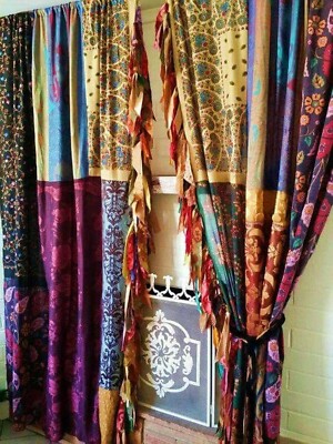 Old Silk Sari Saree Hippie Multi Curtain Door Drape Decor Silk Drapes Indian 2pc