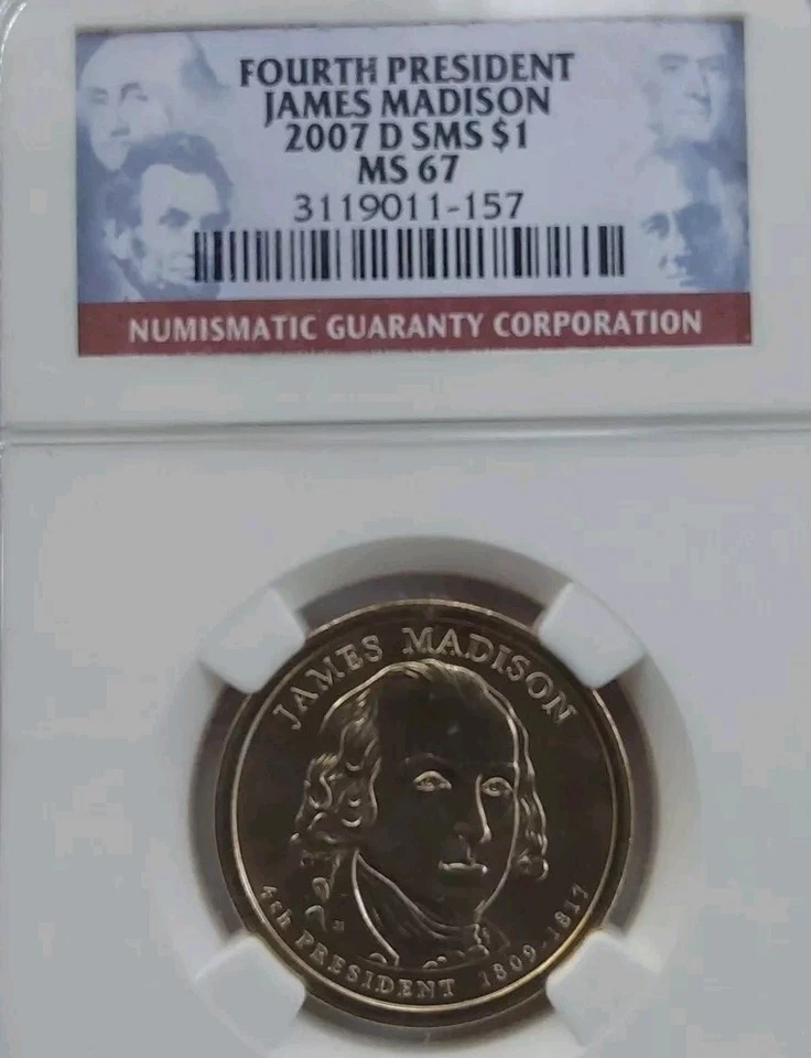 2007 D James Madison Commemorative Dollar-NGC MS67 SMS Statue Of Liberty Rev - Image 4 of 4
