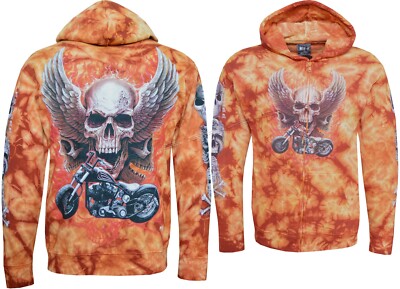 Tie Dye Hoodie Zip Up 3 Skulls over Motorcycle Angel Wings Glow in Dark by Wild