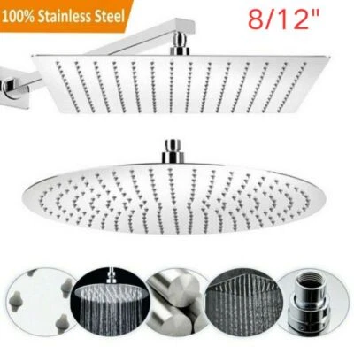 Round/Square Shower Head Chrome Stainless Steel Rainfall Overhead Large Bathroom
