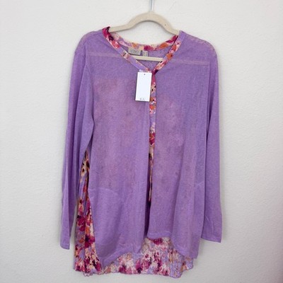 LOGO Lori Goldstein Womens Laine Button Blouse Top Size L Floral Sheer Purple