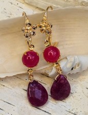 All Natural Fuchsia Jade In Gold Plated Drop Statement Earrings