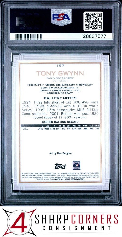 2019 TOPPS GALLERY #197 TONY GWYNN HOF POP 3 PSA 10 - Image 2 of 3