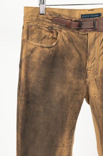 Ralph Lauren Tan Distressed Cotton Leather-Trim Jeans, Size US 29 - Picture 5 of 13