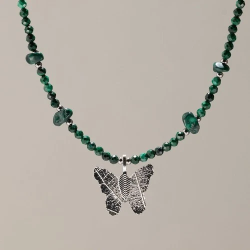 Malachite Gemstone Necklace Real Leaf Butterfly Pendant Silver Plated Gift - product listing photo