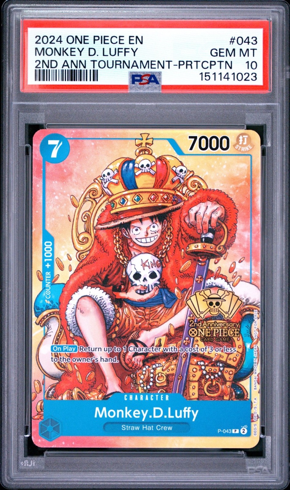 One Piece Monkey D Luffy 2nd Anniversary Tournament P-043 PSA 10 Gem Mint