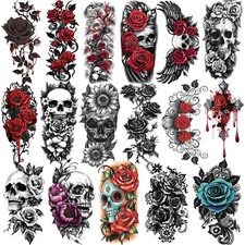 77 Sheets Gothic Temporary Tattoo, 17 Sheet Half Arm Flower Skull Rose Sunflo...