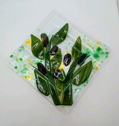 Vintage verschmolzen Kunst Glas Aschenbecher Olivenblätter Teller 6 x 6" - Bild 3 von 8