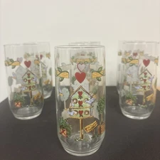 Lot of 7 Libbey Thomson Pottery Birdhouse 16 oz Tumblers Drinking Glasses Bird