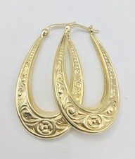 14K Yellow Gold Oval Hoop Earrings Flower Ornaments 1.5inch 3g
