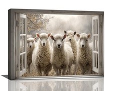 Vintage Wall Art Farmhouse Window Pictures Wall Decor Lamb 16"L x 12"W Sheep