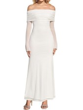 KUTUMAI Women Off Shoulder Bodycon Maxi Dress Long Sleeve Mesh X-Large, White