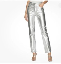 Good American Good Icon Straight Pants Silver MetallicFaux Leather Women 2/26