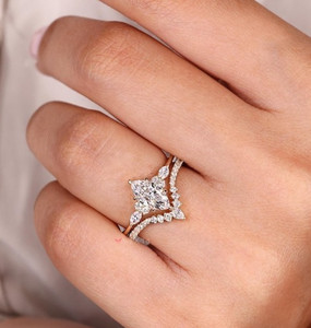 Authentic Marquise Cut Minimalist Matching Ring Prong Set Yellow Gold Plated Proposal