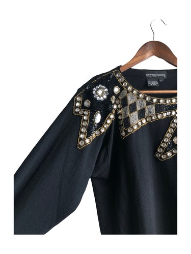 Vtg 80s Spree Intl M Black Lambswool Bead Sequin Shoulder Pullover Sweater Flaws - Picture 2 of 10
